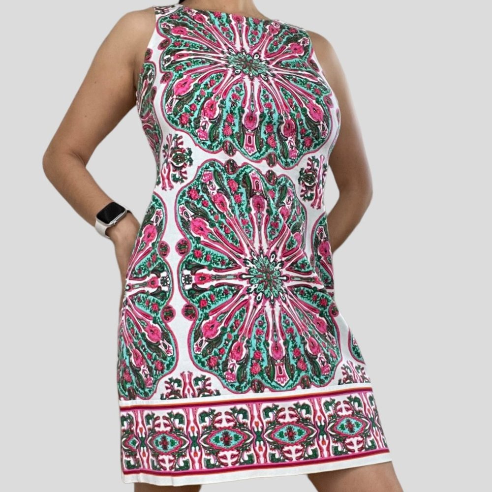 London Times|Shift Mini Dress|Size 6|Cotton|Pink Green|Stretch